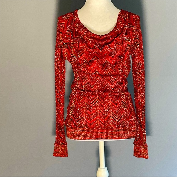 INC International Concepts Sm Red, Black, Silver Metallic Sweater, Cowl Neck - Picture 13 of 16